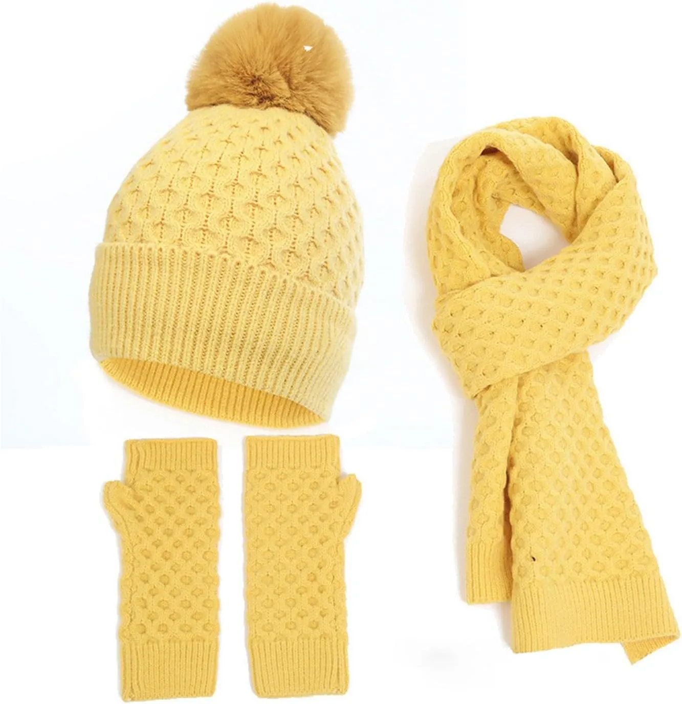 3 in 1 Winter Beanie Hat Neck Warm Scarf and Touchscreen Gloves Set for Women and Men, Knit Cap Set Gift