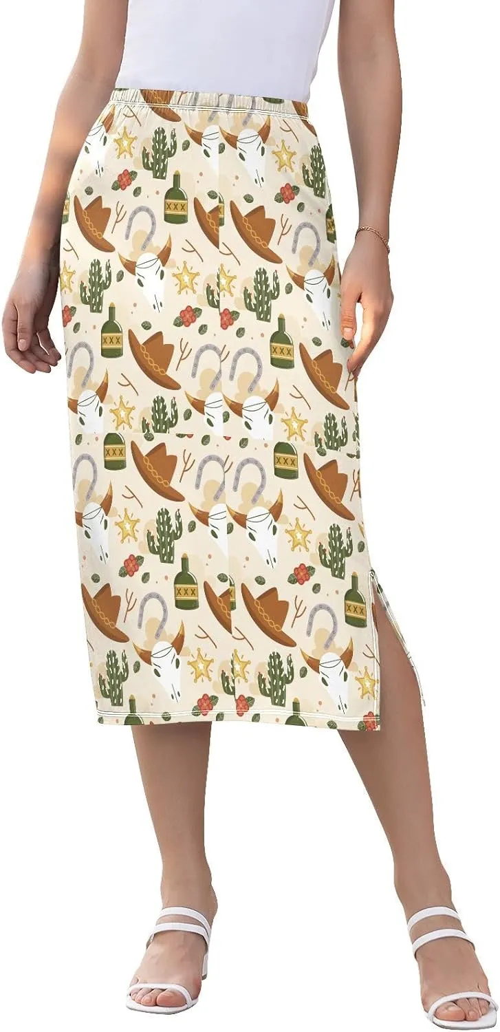 Boho Cactus Plant and Boots Womens Midi Skirt Women Split Midi Skirts High Waisted Beach Skirts