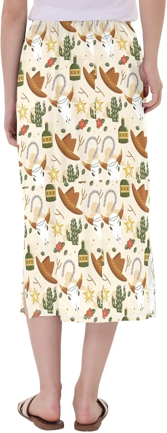 Boho Cactus Plant and Boots Womens Midi Skirt Women Split Midi Skirts High Waisted Beach Skirts