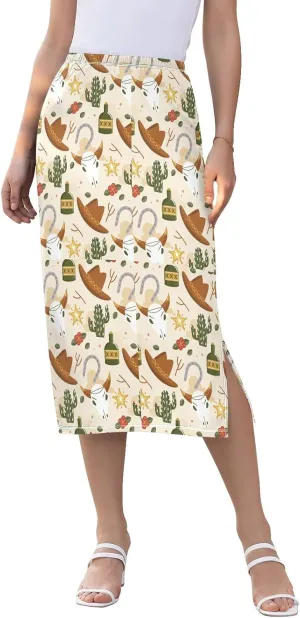 Boho Cactus Plant and Boots Womens Midi Skirt Women Split Midi Skirts High Waisted Beach Skirts