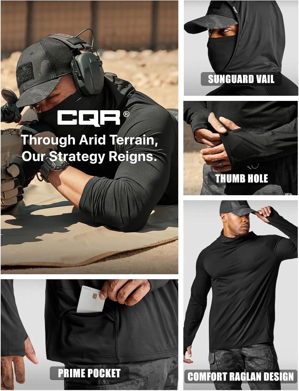CQR Men's UPF50  Sun Protection Shirts, Quick Dry Long Sleeve Rash Guard, Athletic Running Workout Fishing Cooling Shirts
