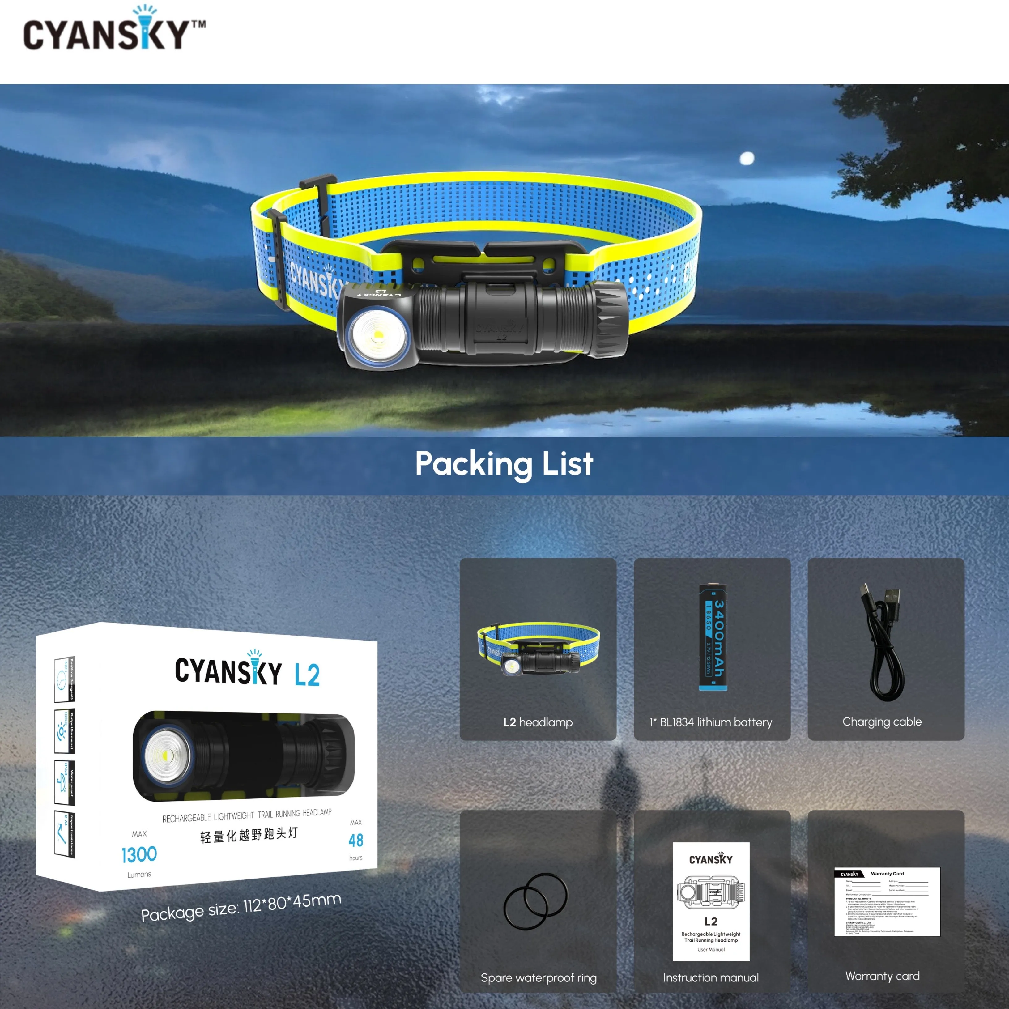 Cyansky L2 Lightweight Trail Running Headlamp 1300LMS 176M