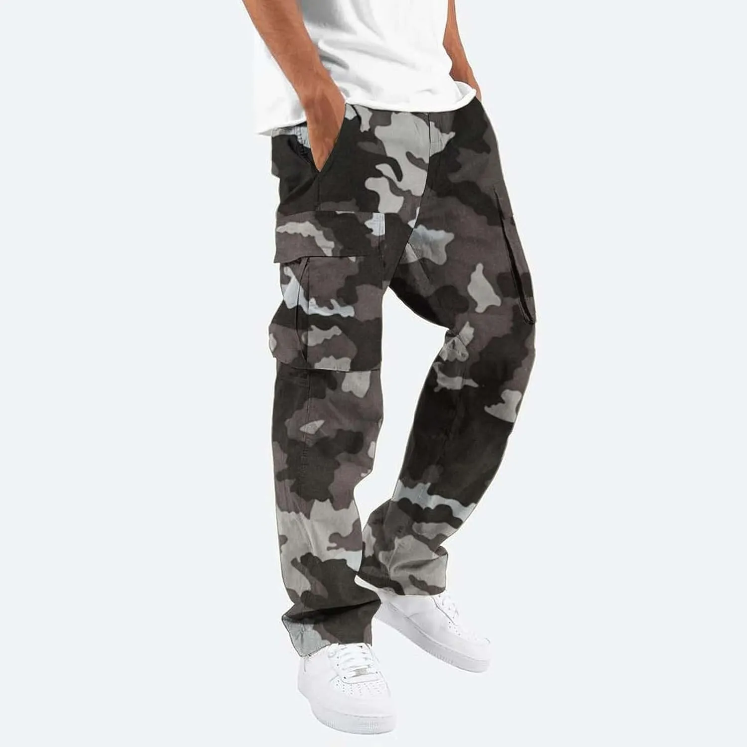 Men's Cotton Hiking Tactical Pants Trousers Drawstring Stretch Elastic Waist Lightweight Outdoor Hiking Pants with Pockets