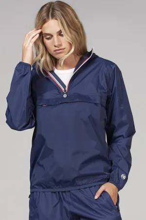 Navy quarter zip packable rain jacket and windbreaker