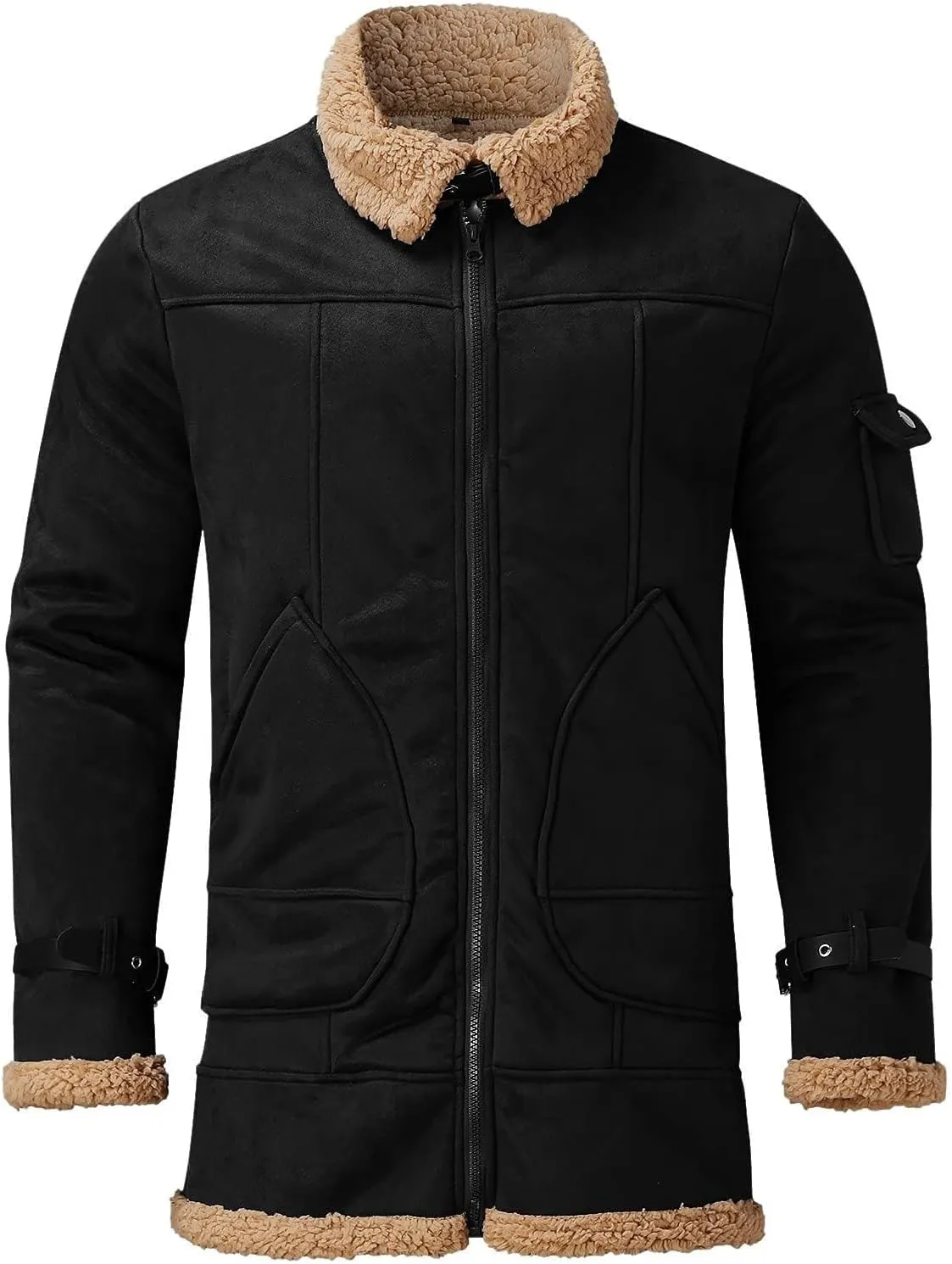 Winter Coat for Men Warm Fleece Lined Coat Moto Vintage Bomber Jacket Sherpa Lined Sheepskin Jacket with Fur Collar