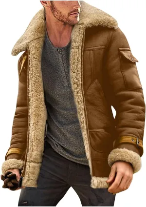 Winter Coat for Men Warm Fleece Lined Coat Moto Vintage Bomber Jacket Sherpa Lined Sheepskin Jacket with Fur Collar