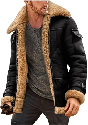 Winter Coat for Men Warm Fleece Lined Coat Moto Vintage Bomber Jacket Sherpa Lined Sheepskin Jacket with Fur Collar