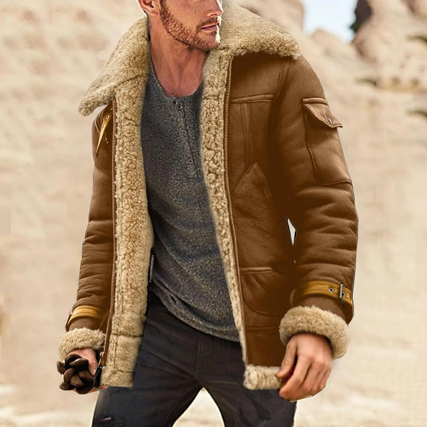 Winter Coat for Men Warm Fleece Lined Coat Moto Vintage Bomber Jacket Sherpa Lined Sheepskin Jacket with Fur Collar