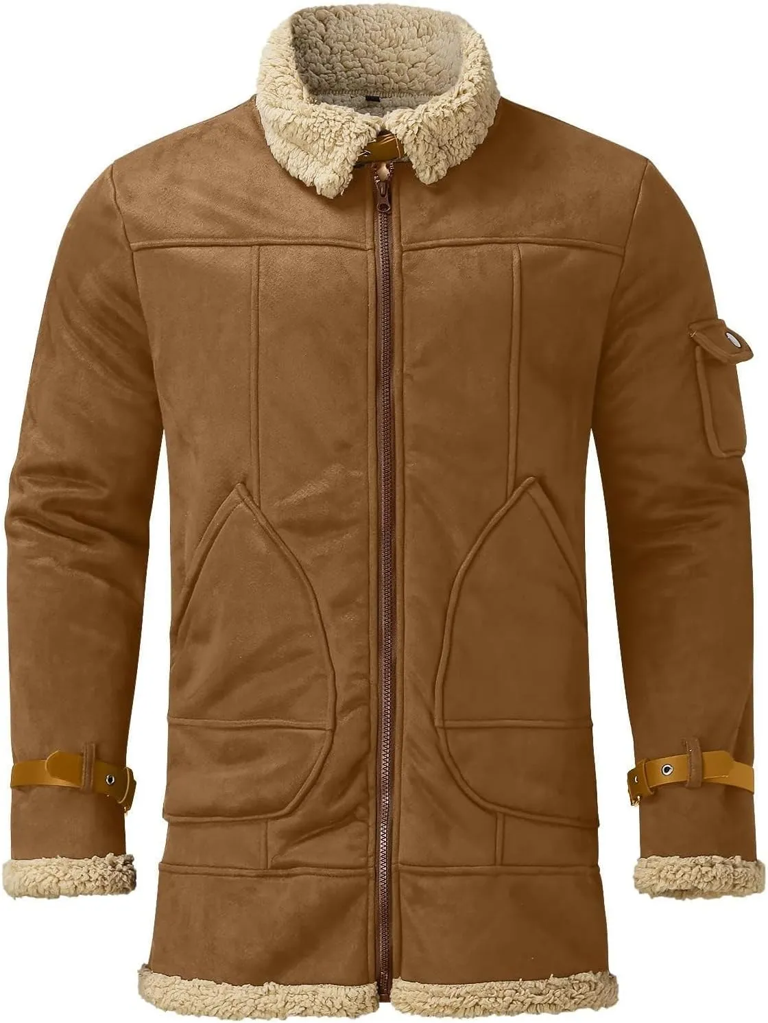 Winter Coat for Men Warm Fleece Lined Coat Moto Vintage Bomber Jacket Sherpa Lined Sheepskin Jacket with Fur Collar