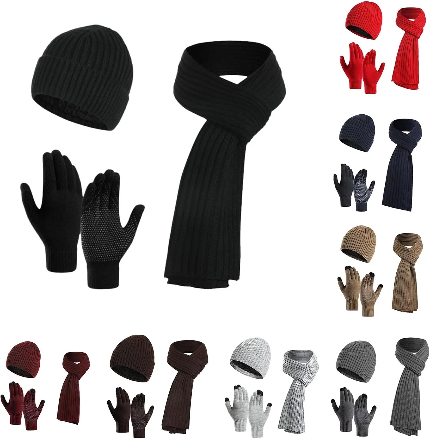 Winter Hat Beanie Scarf Touchscreen Gloves Set for Women, 3 in 1 Set with Knit Warm Long Neck Scarves Cap Gloves