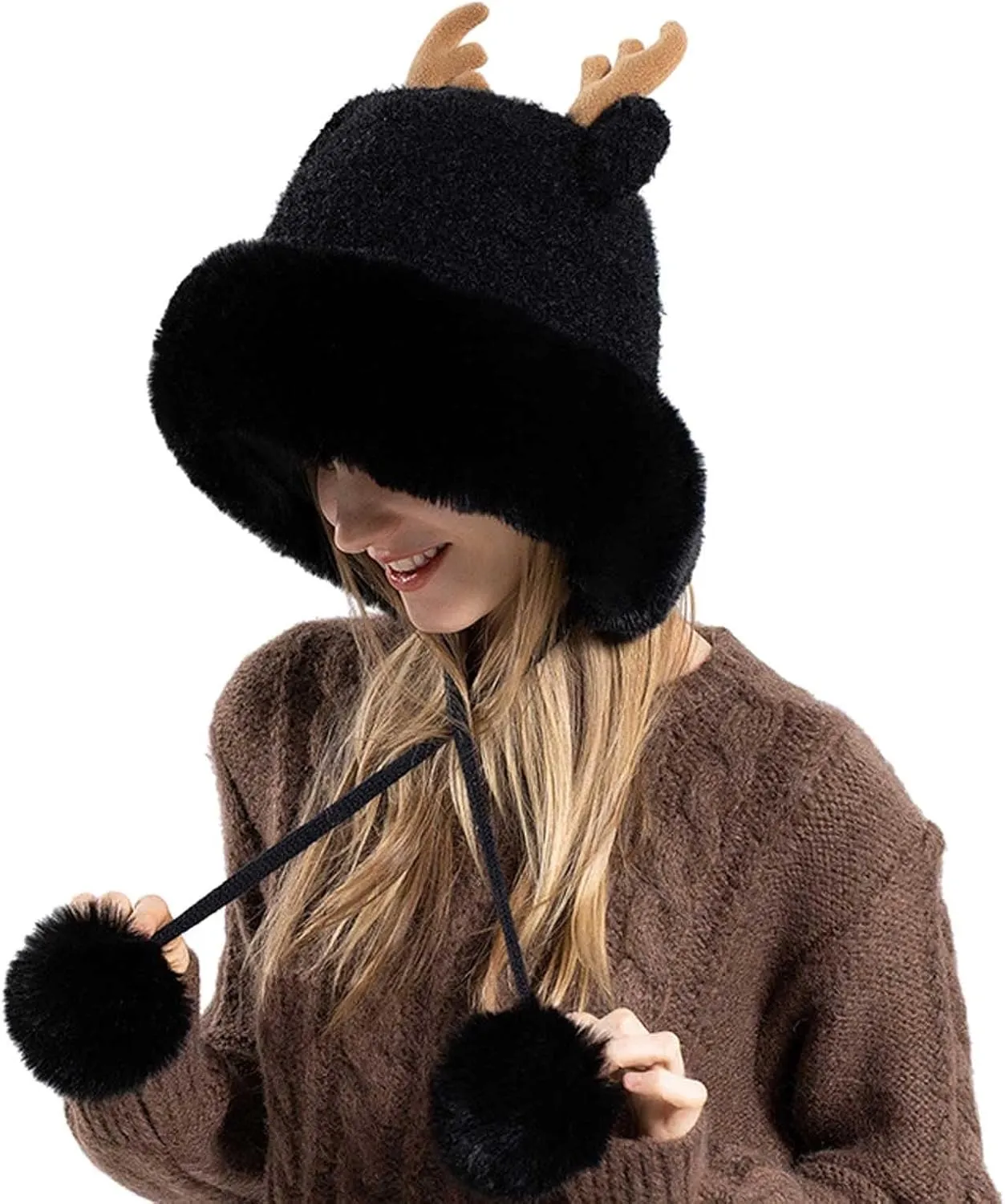 Winter Hats for Women Cute Christmas Antler Bomber Hats Warm Knit Skull Cap Reindeer Moose Hat