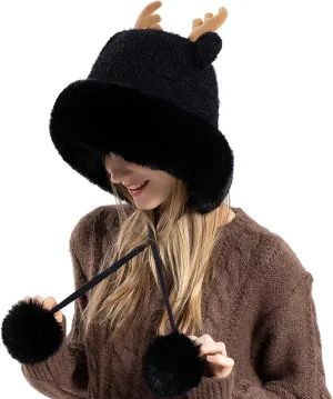Winter Hats for Women Cute Christmas Antler Bomber Hats Warm Knit Skull Cap Reindeer Moose Hat