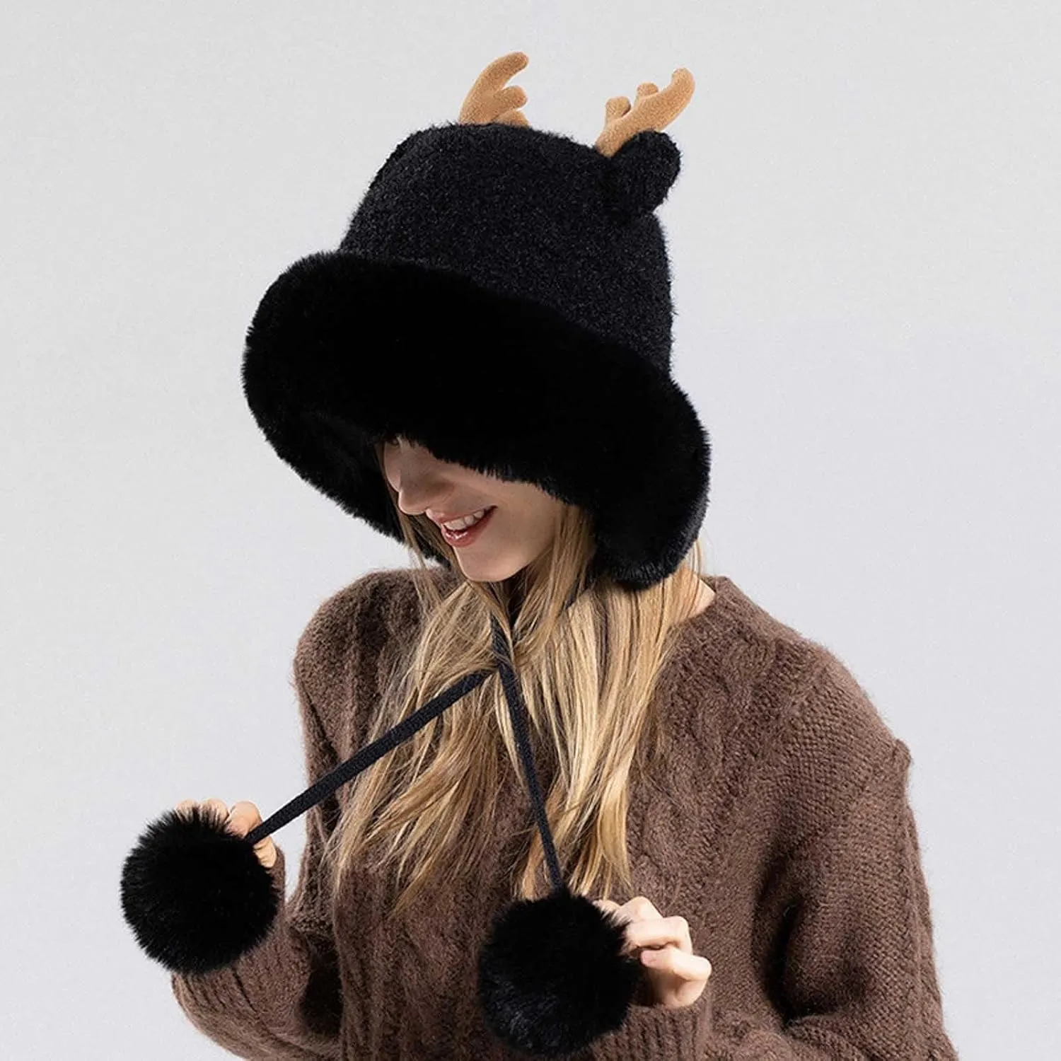 Winter Hats for Women Cute Christmas Antler Bomber Hats Warm Knit Skull Cap Reindeer Moose Hat
