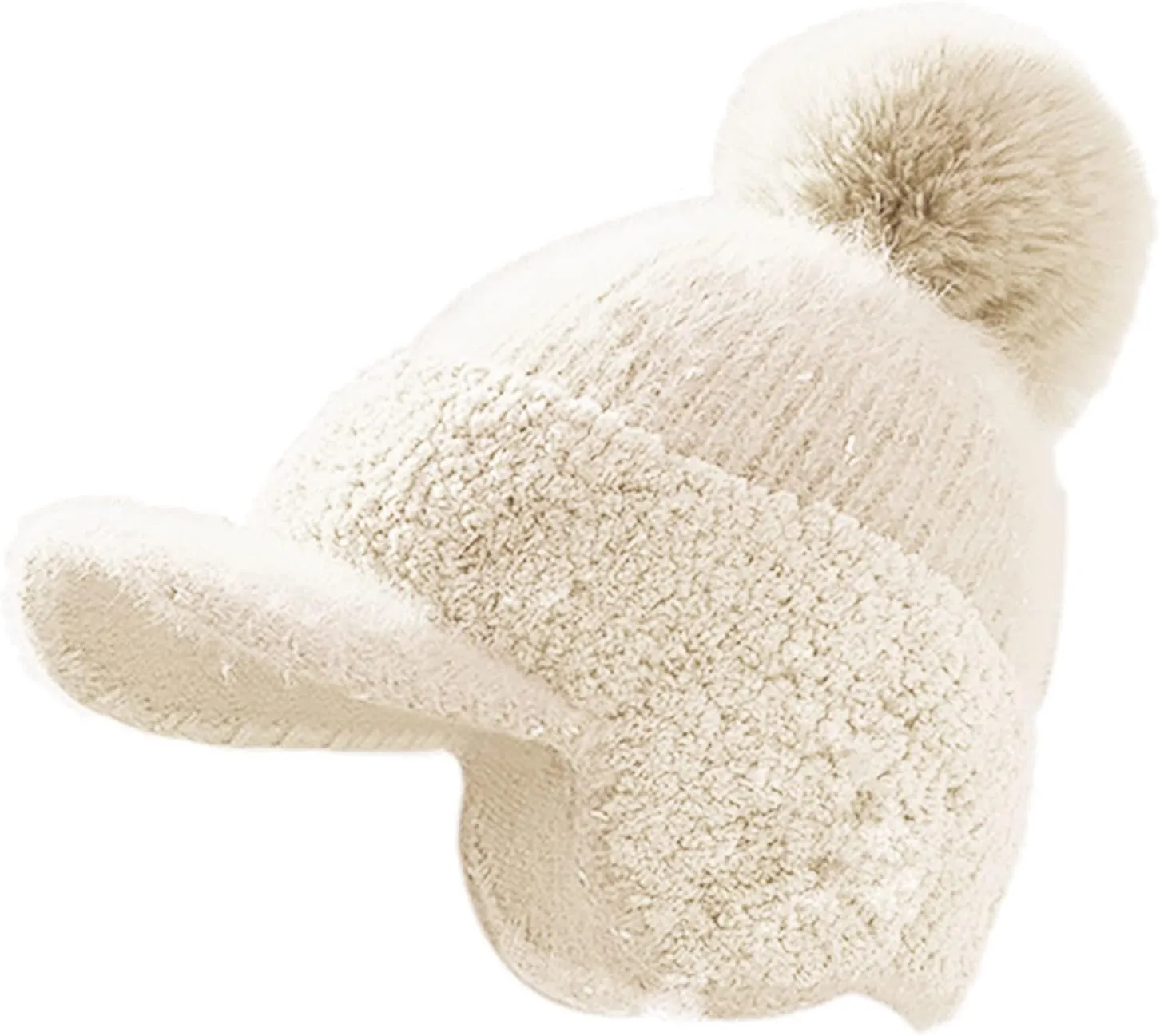 Women Winter Hat with Pompom Warm Fleece Lined Ear Warmer Knit Hat with Visor Brim Cold Weather Christmas