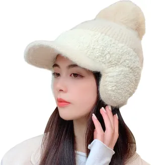 Women Winter Hat with Pompom Warm Fleece Lined Ear Warmer Knit Hat with Visor Brim Cold Weather Christmas