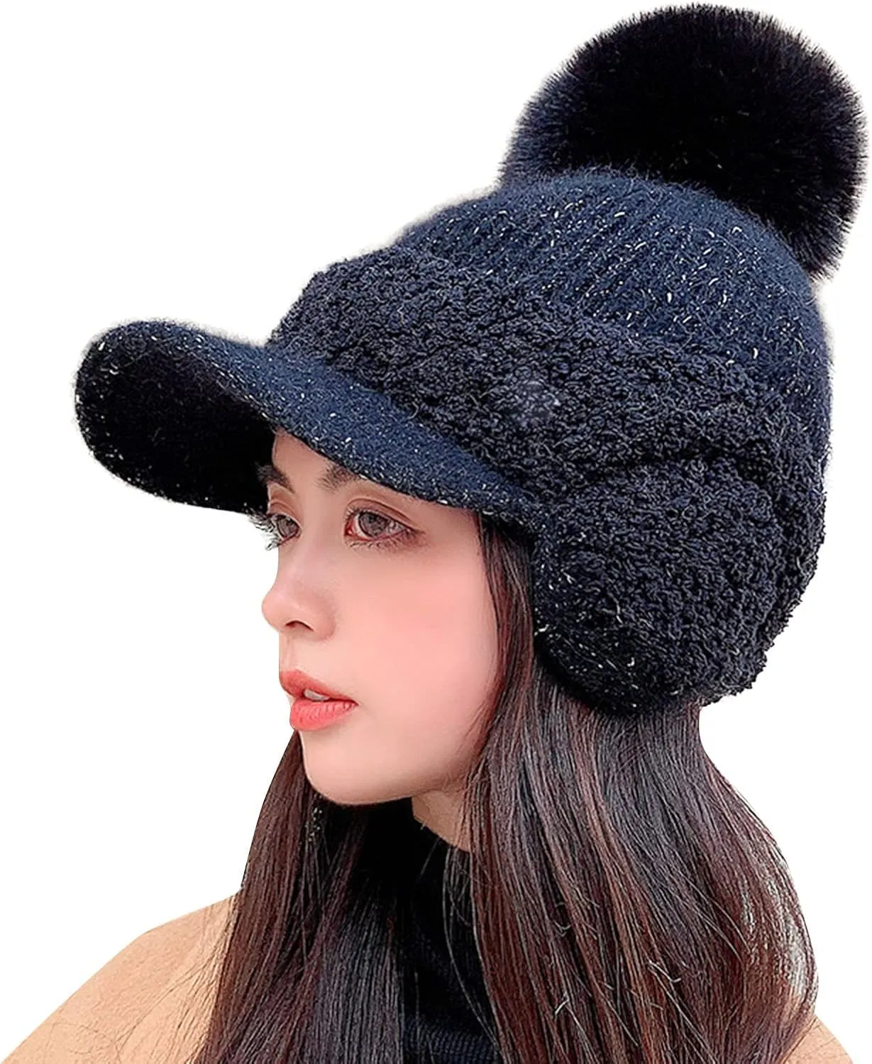 Women Winter Hat with Pompom Warm Fleece Lined Ear Warmer Knit Hat with Visor Brim Cold Weather Christmas