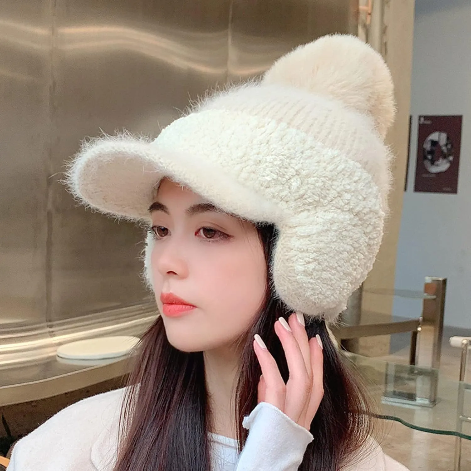 Women Winter Hat with Pompom Warm Fleece Lined Ear Warmer Knit Hat with Visor Brim Cold Weather Christmas