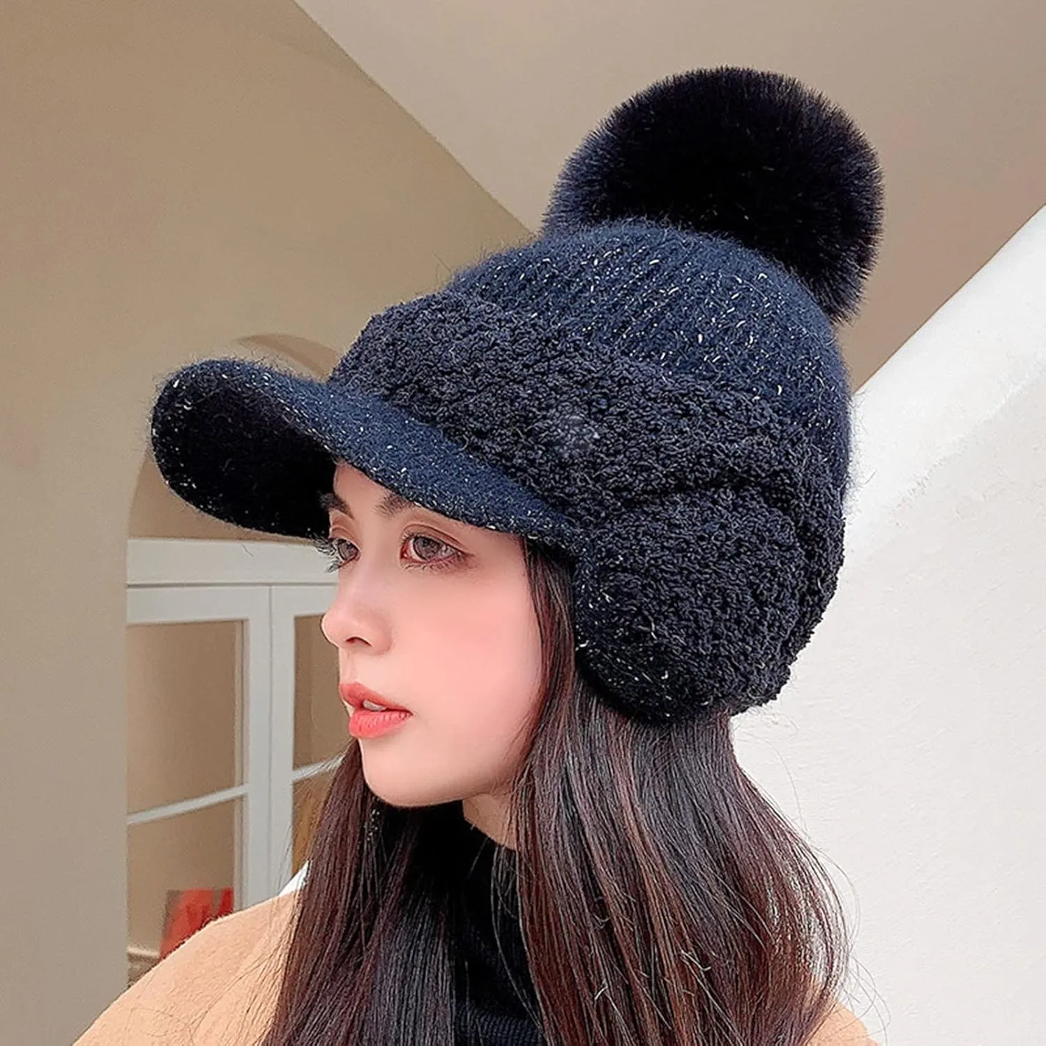 Women Winter Hat with Pompom Warm Fleece Lined Ear Warmer Knit Hat with Visor Brim Cold Weather Christmas