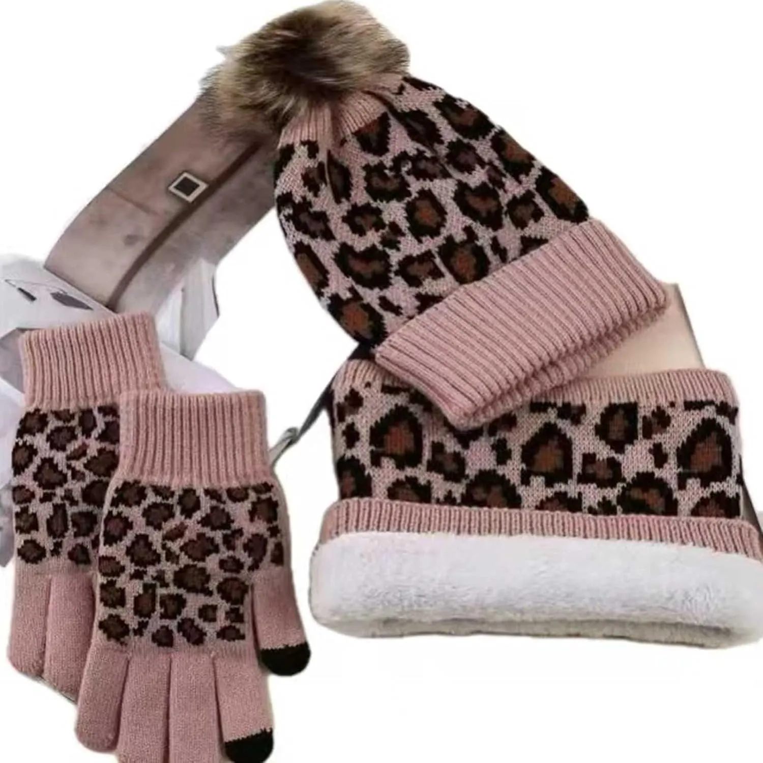 Womens Winter Knit Beanie Hat Neck Warmer Scarf Touch Screen Gloves Set Fleece Lined Skull Cap 3 Pcs Leopard Set