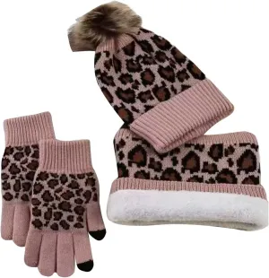 Womens Winter Knit Beanie Hat Neck Warmer Scarf Touch Screen Gloves Set Fleece Lined Skull Cap 3 Pcs Leopard Set