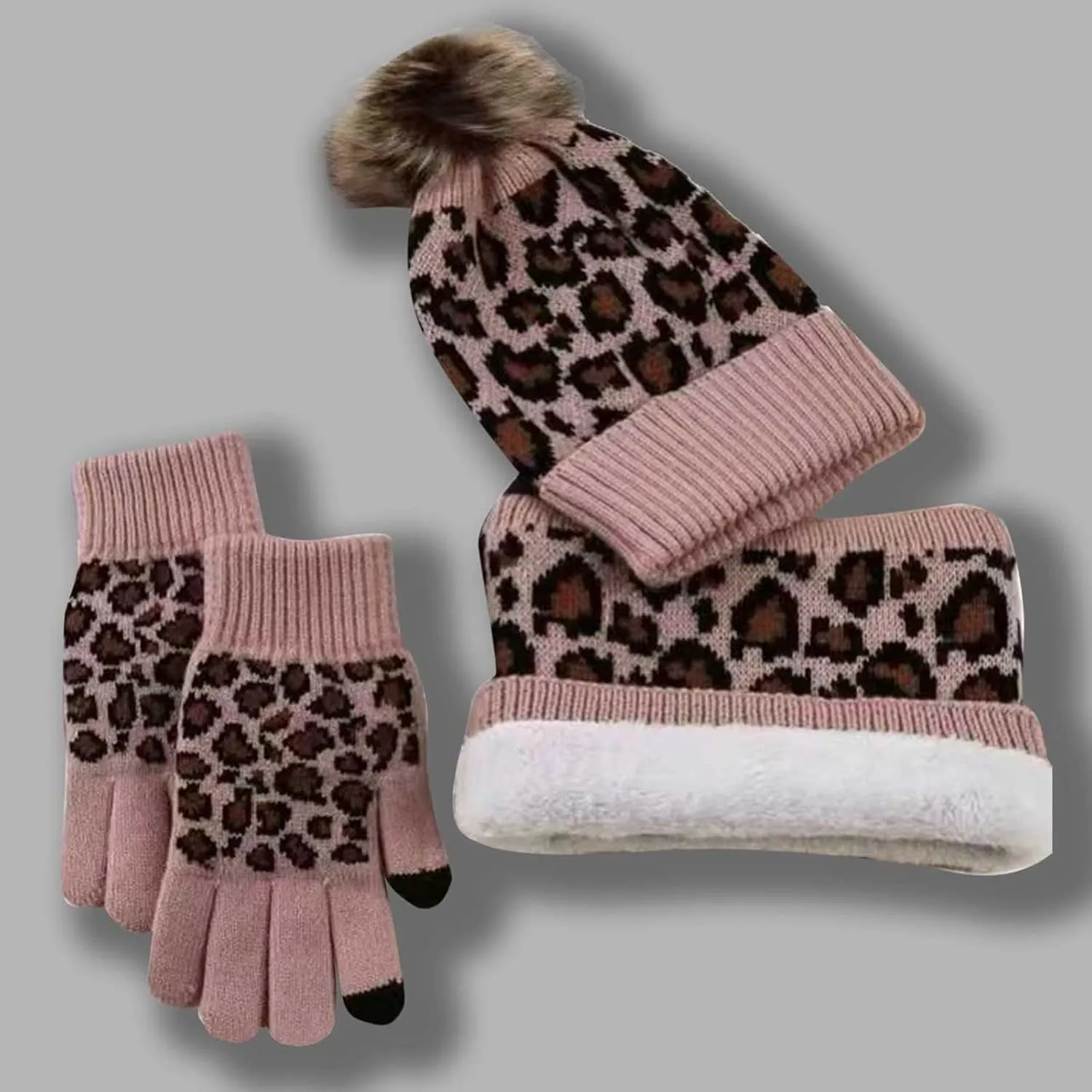 Womens Winter Knit Beanie Hat Neck Warmer Scarf Touch Screen Gloves Set Fleece Lined Skull Cap 3 Pcs Leopard Set