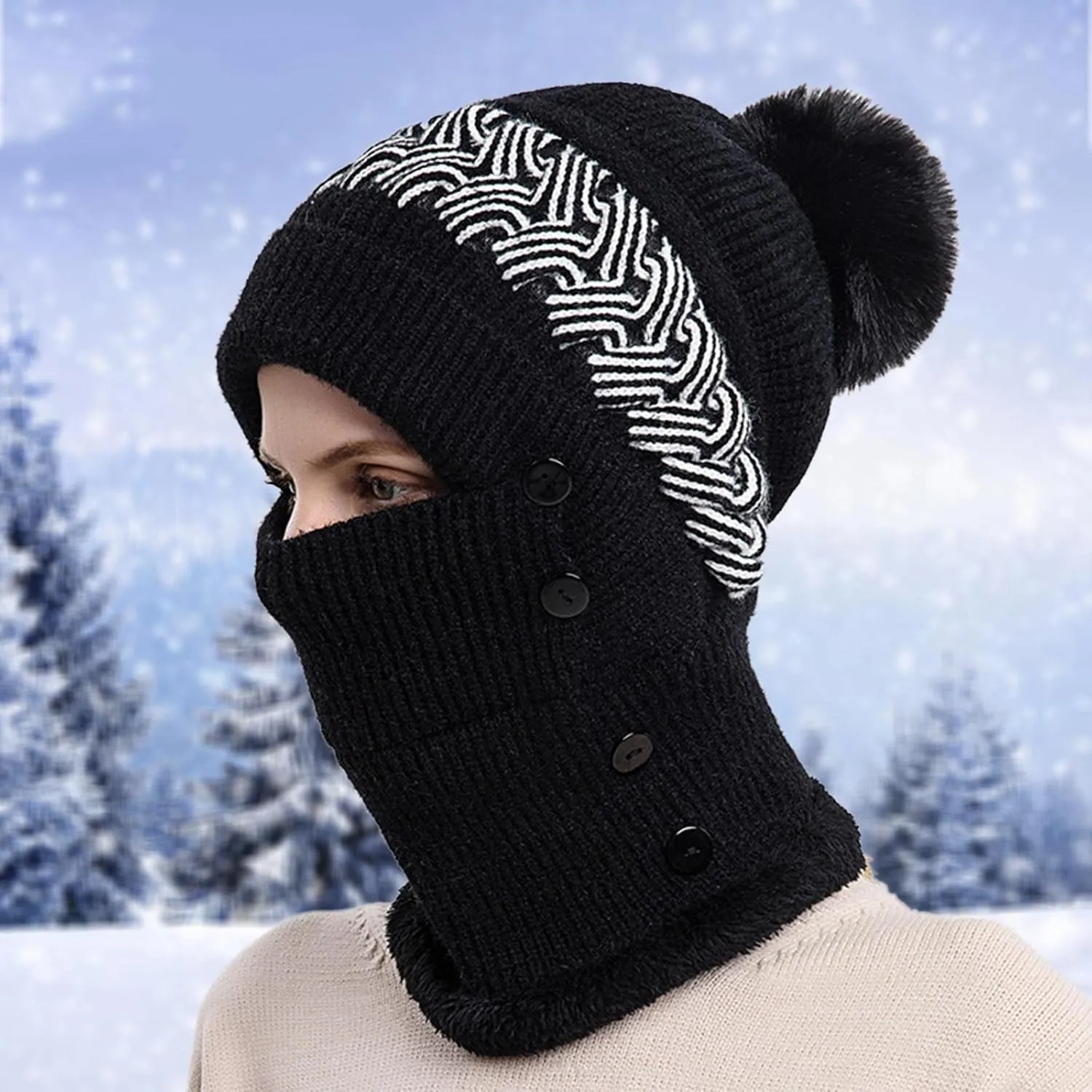Womens Winter Thermal Hats Knitted Slouchy Pompom Beanies with Fleece Lined Neck Scarf and Mask Chunky Cuffed Cap