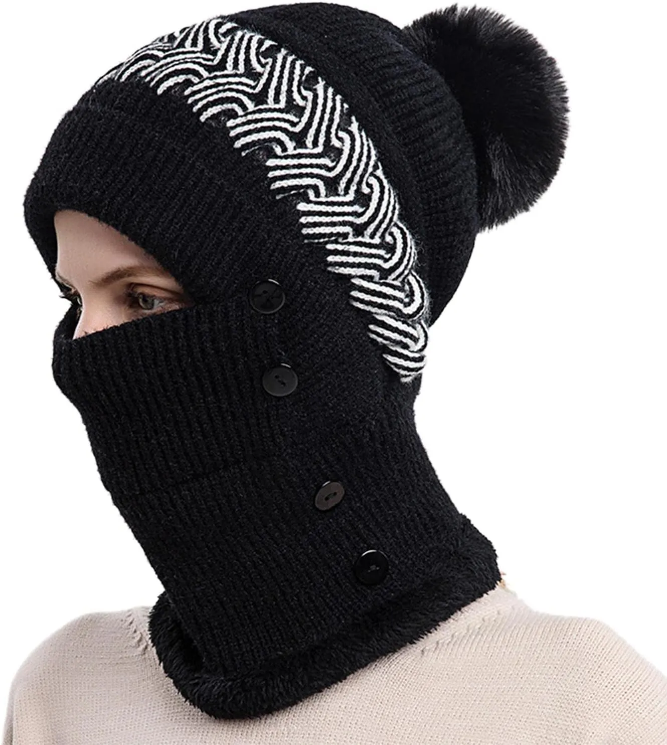 Womens Winter Thermal Hats Knitted Slouchy Pompom Beanies with Fleece Lined Neck Scarf and Mask Chunky Cuffed Cap