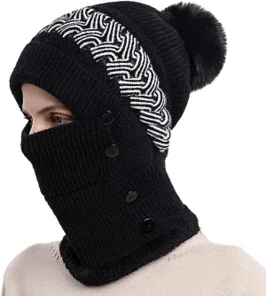 Womens Winter Thermal Hats Knitted Slouchy Pompom Beanies with Fleece Lined Neck Scarf and Mask Chunky Cuffed Cap