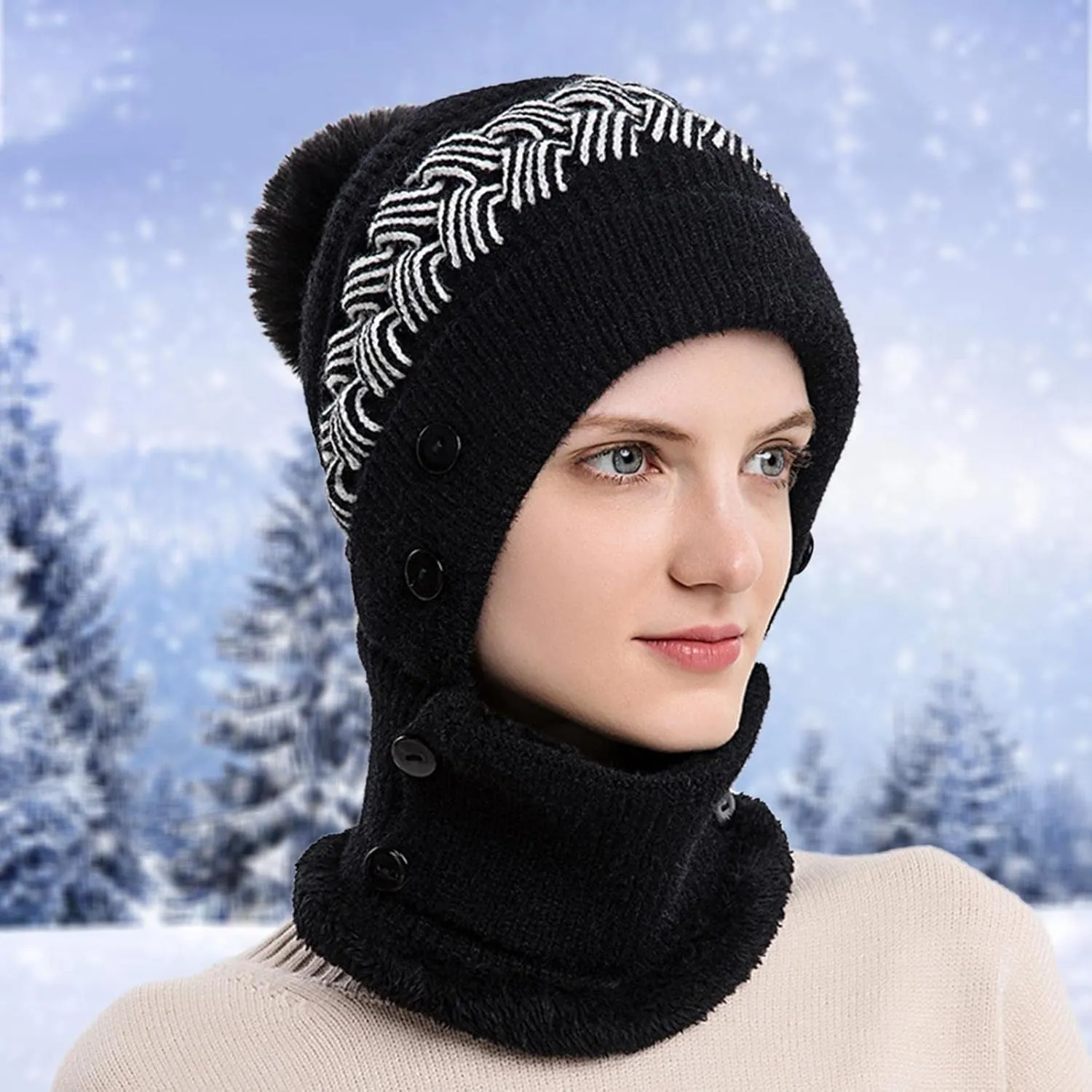 Womens Winter Thermal Hats Knitted Slouchy Pompom Beanies with Fleece Lined Neck Scarf and Mask Chunky Cuffed Cap