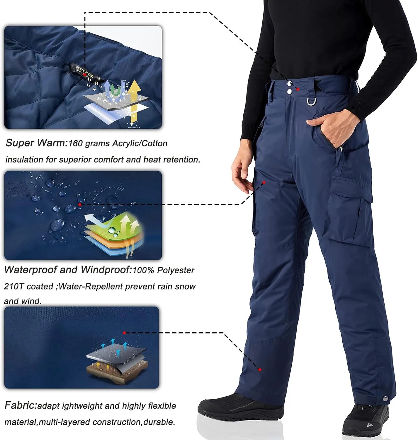 WULFUL Men's Waterproof Insulated Ski Snow Pants Winter Snowboarding Cargo Pants with Multi-Pockets