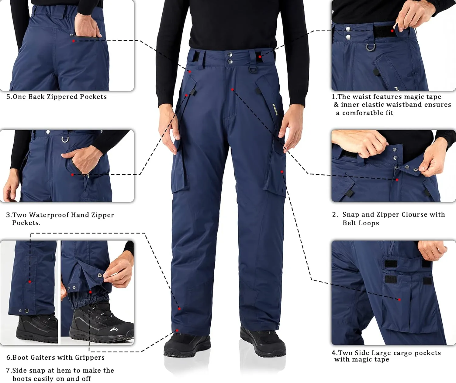 WULFUL Men's Waterproof Insulated Ski Snow Pants Winter Snowboarding Cargo Pants with Multi-Pockets